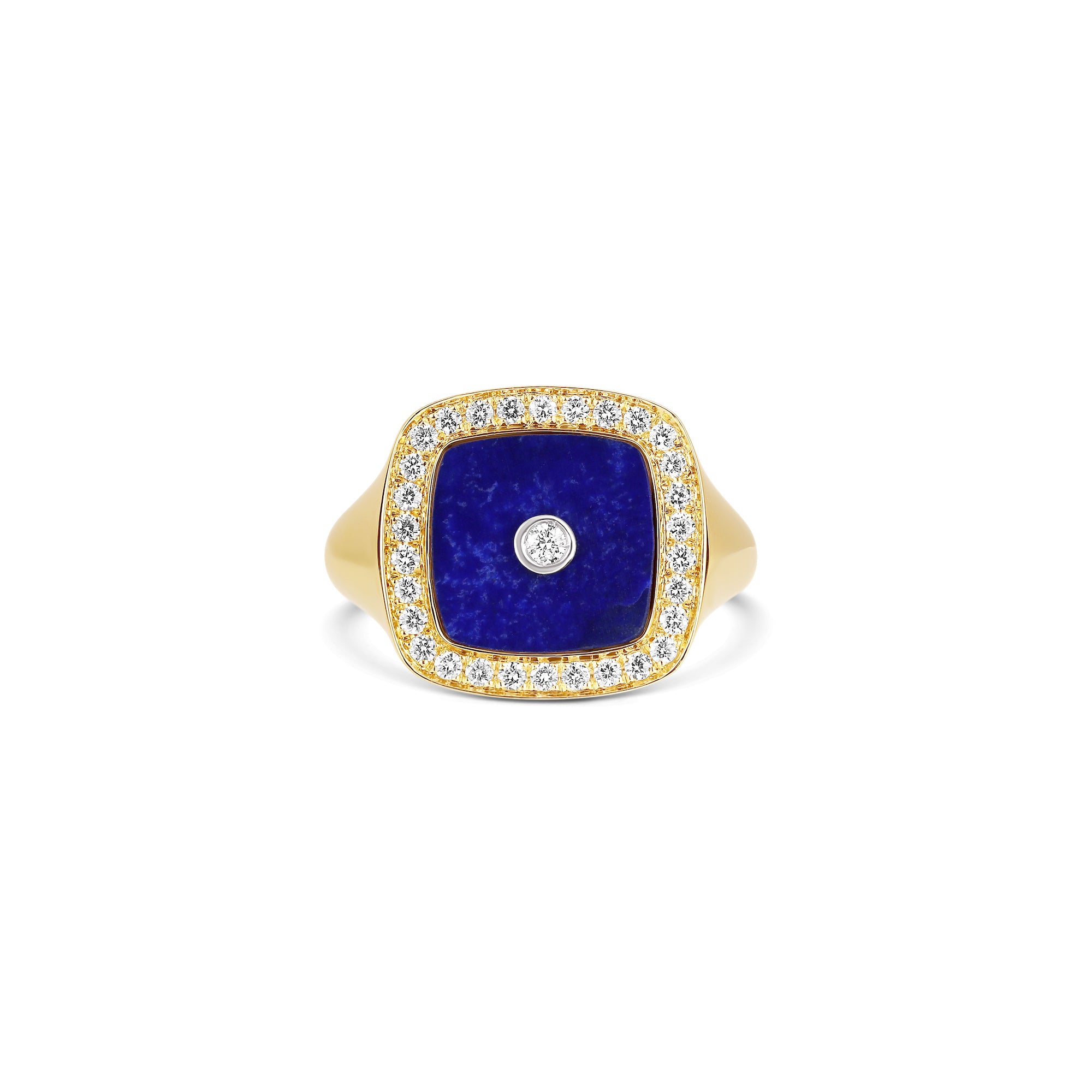 Gold ring featuring a square-shaped Lapis Lazuli stone with a central diamond, surrounded by a halo of small diamonds