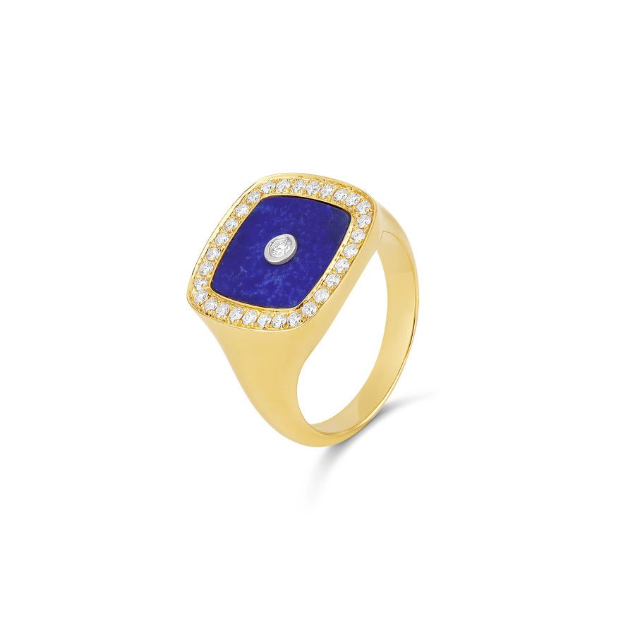 Gold ring featuring a square-shaped Lapis Lazuli stone with a central diamond, surrounded by a halo of small diamonds