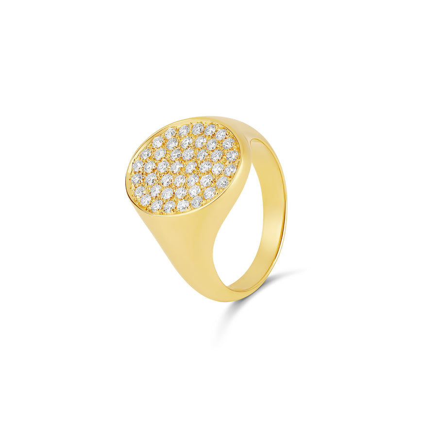 18-karat yellow gold pinky ring featuring a pave setting with a sparkling oval surface of diamonds, designed to radiate elegance and modern sophistication.