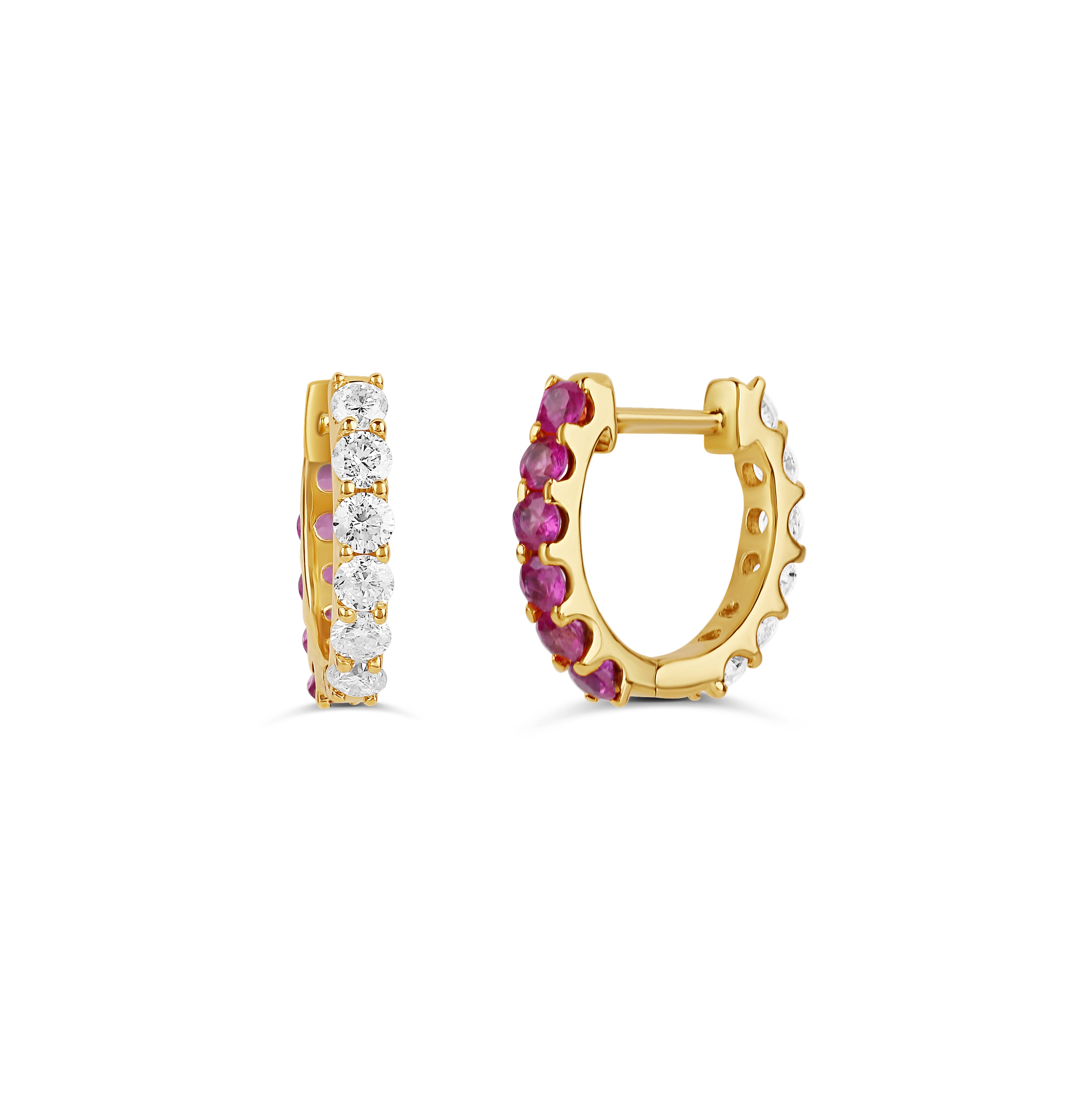 Exquisite two-tone huggie earrings featuring alternating rows of sparkling diamonds and vibrant pink sapphires set in gold, blending elegance and luxury for a glamorous look.