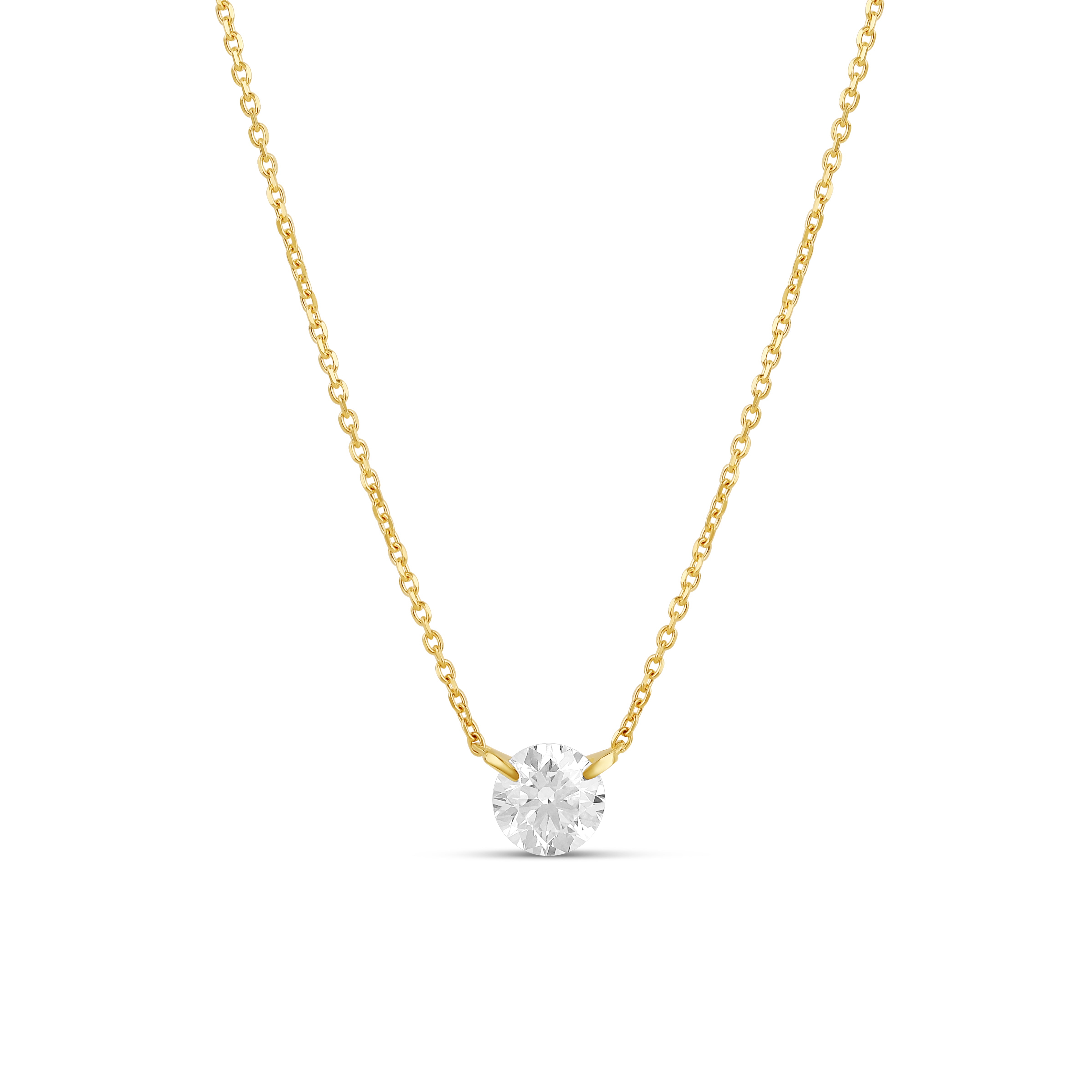 Elegant 0.5 carat solitaire diamond necklace in a classic two-prong setting, featuring a brilliant-cut diamond on a fine gold chain, perfect for a timeless and sophisticated look.