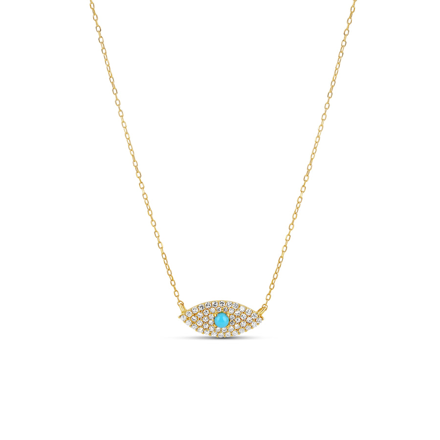 urquoise evil eye pendant with small diamonds, featuring a vibrant turquoise center surrounded by sparkling diamonds, symbolizing protection and style.