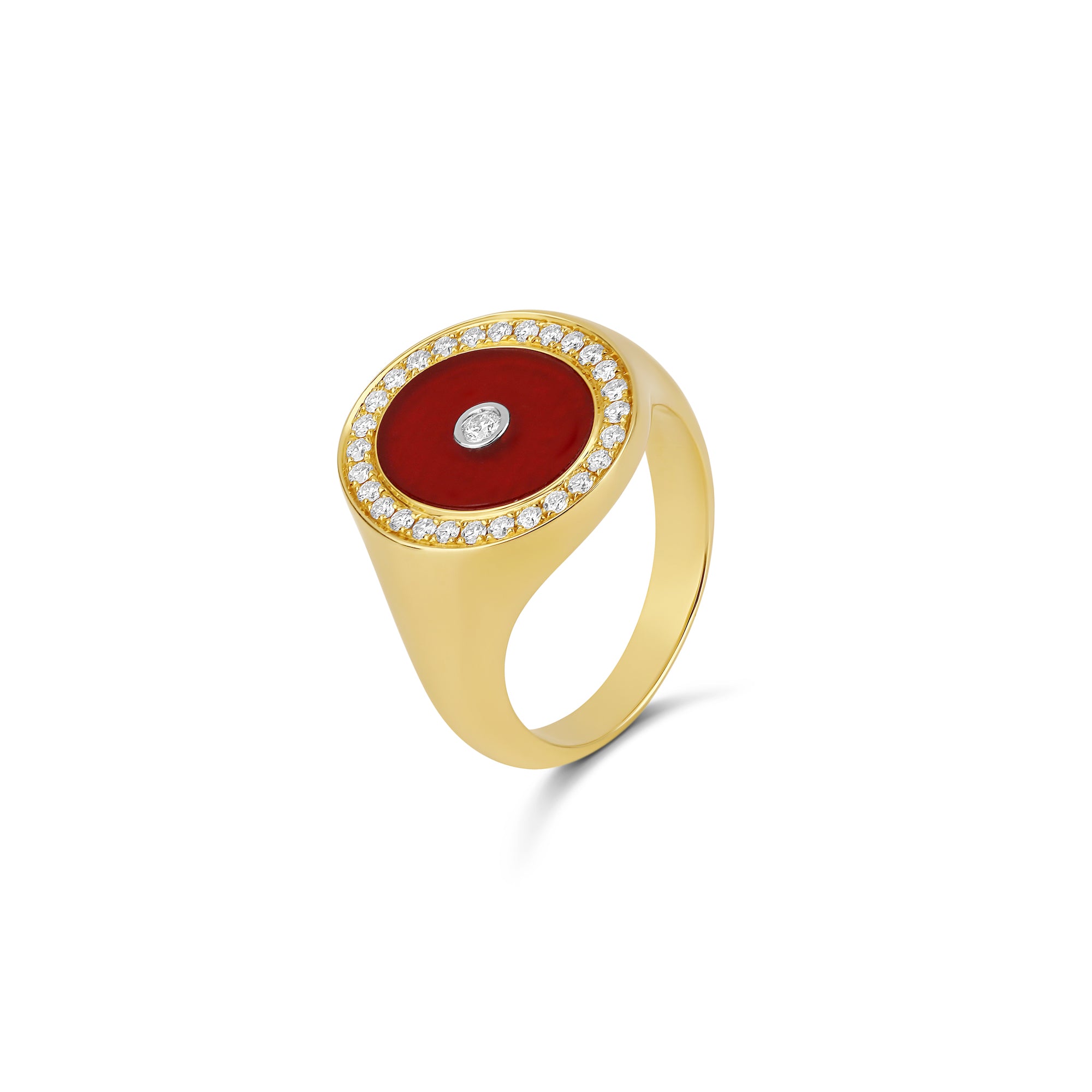 18-karat yellow gold pinky ring featuring a vibrant carnelian centerpiece, surrounded by a 0.20-carat diamond halo with a single diamond accent in the center. Luxurious and bold, crafted with 7.70 grams of gold.