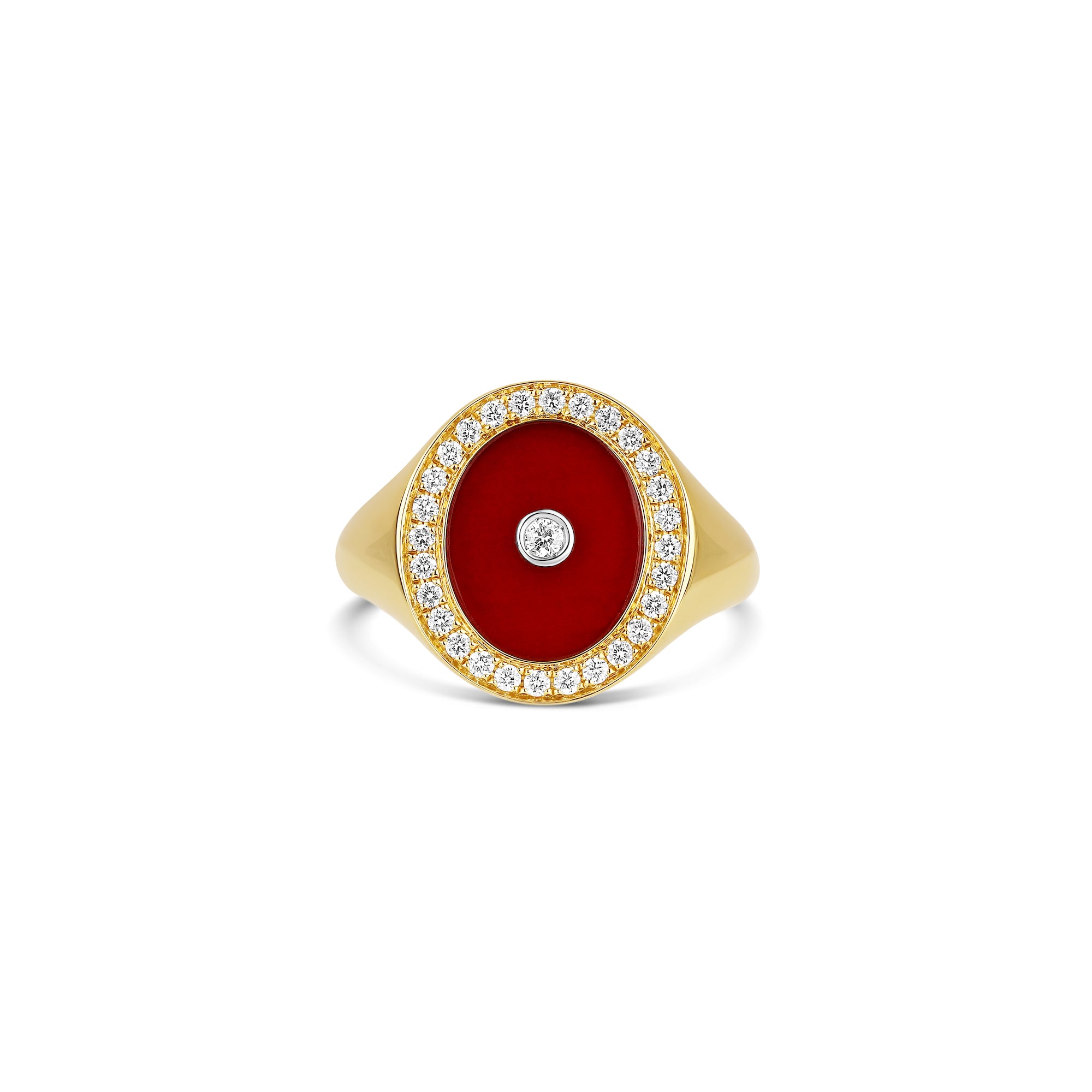 18-karat yellow gold pinky ring featuring a vibrant carnelian centerpiece, surrounded by a 0.20-carat diamond halo with a single diamond accent in the center. Luxurious and bold, crafted with 7.70 grams of gold.