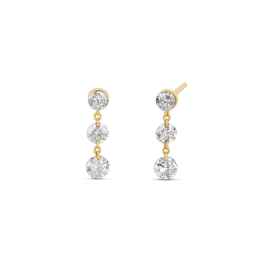 18-karat yellow gold drill drop earrings featuring three round diamonds totaling 0.69 carats, crafted with a lightweight 1.30-gram design. A delicate and elegant accessory for any occasion.