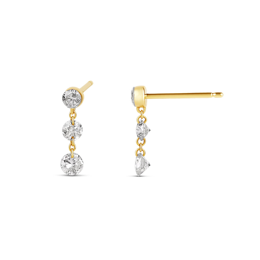 18-karat yellow gold drill drop earrings featuring three round diamonds totaling 0.69 carats, crafted with a lightweight 1.30-gram design. A delicate and elegant accessory for any occasion.