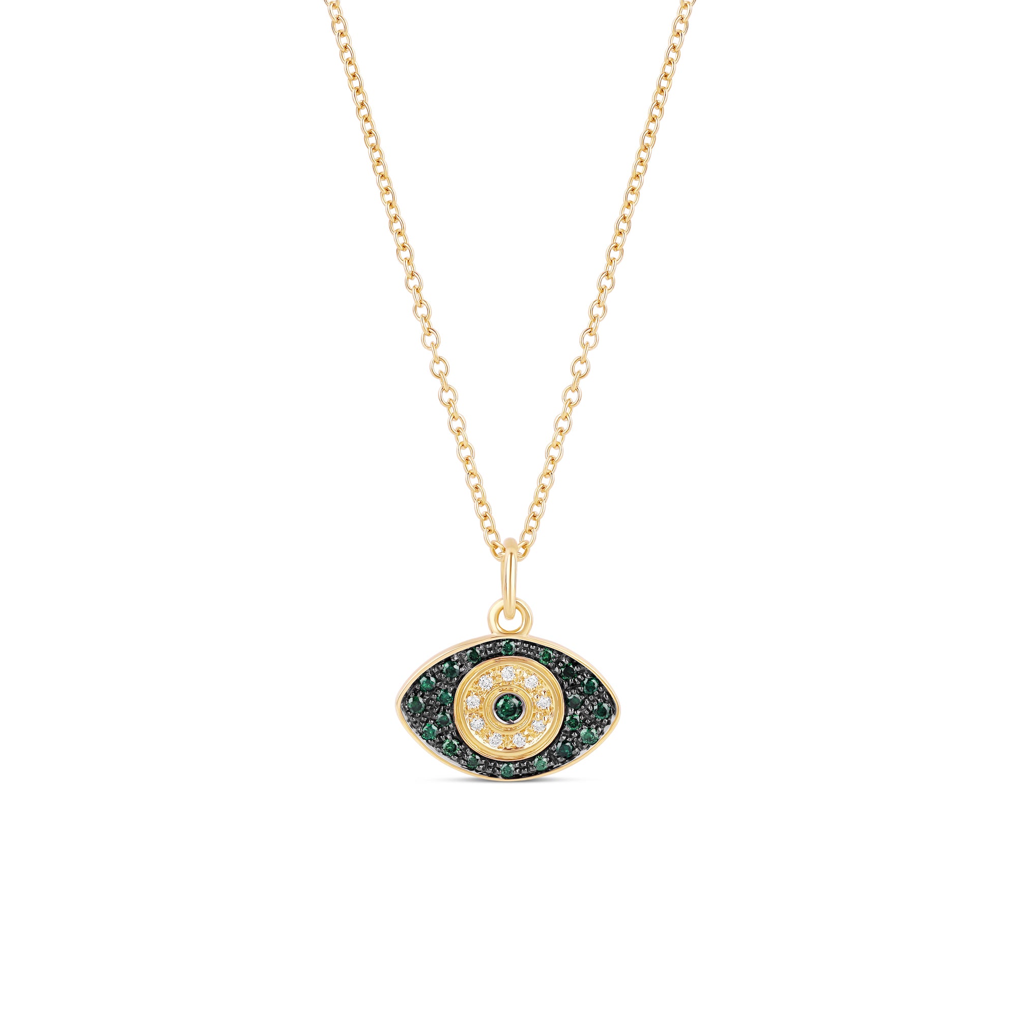 18-karat yellow gold evil eye pendant necklace with 0.19-carat emerald pavé and a 0.03-carat diamond accent, crafted with 1.80 grams of gold. A stylish and symbolic accessory ideal for everyday wear.