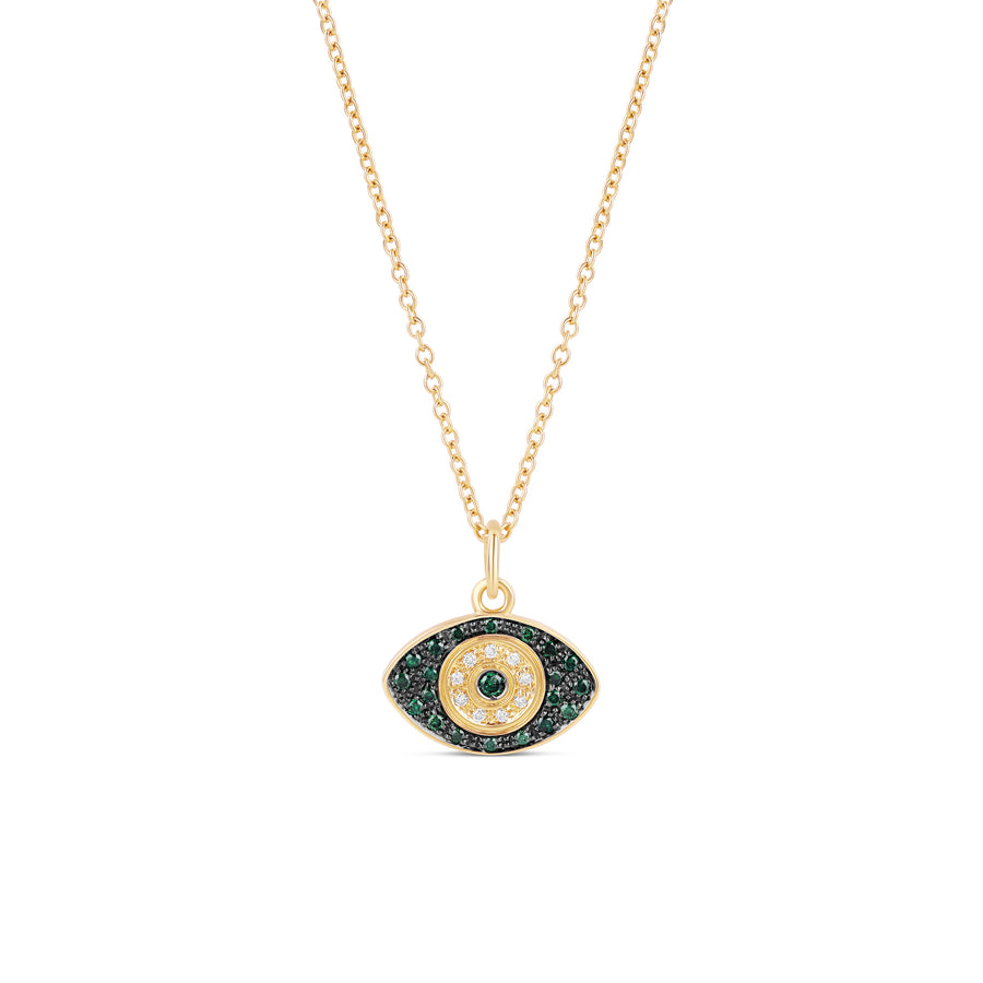 18-karat yellow gold evil eye pendant necklace with 0.19-carat emerald pavé and a 0.03-carat diamond accent, crafted with 1.80 grams of gold. A stylish and symbolic accessory ideal for everyday wear.