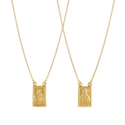 18-karat yellow gold scapular necklace with detailed religious engravings on rectangular pendants, weighing 6.40 grams. A timeless and meaningful symbol of faith.