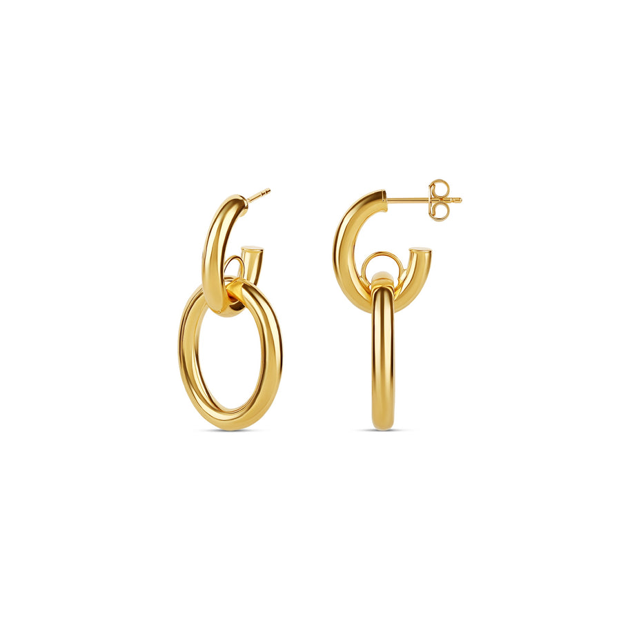 18-karat yellow gold interlaced hoop earrings with a polished double-hoop design, weighing 2.9 grams. Bold and contemporary style for versatile wear.