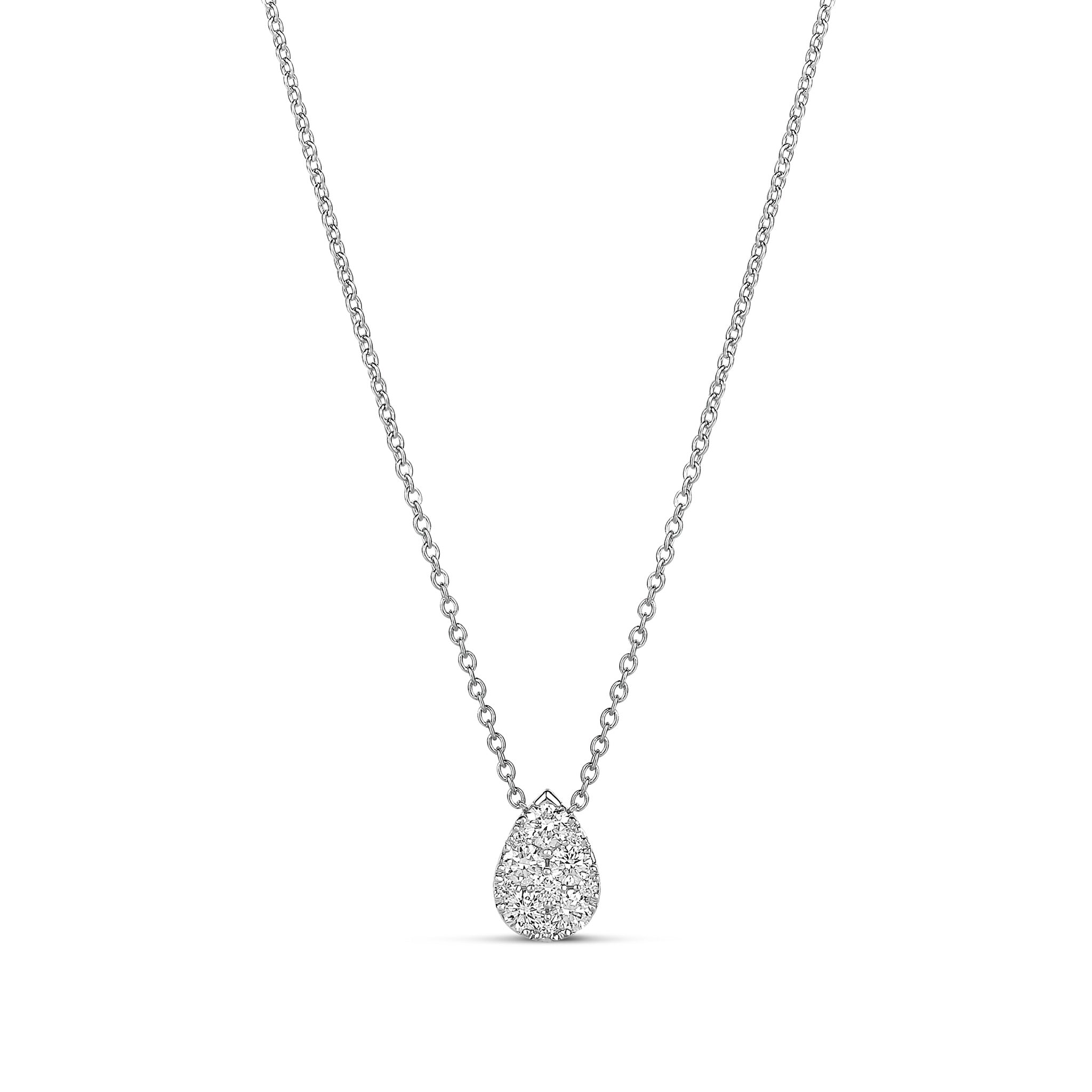 18-karat white gold teardrop diamond necklace with a pave-set pendant, available in three sizes. A versatile and timeless design for layering or standalone elegance.