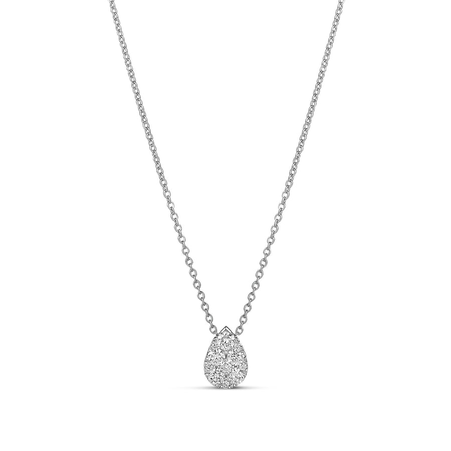 18-karat white gold teardrop diamond necklace with a pave-set pendant, available in three sizes. A versatile and timeless design for layering or standalone elegance.