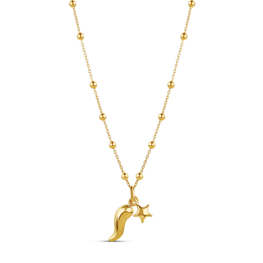 18-karat yellow gold necklace with a beaded chain, star charm, and pepperoncino charm, weighing 4.20 grams. A stylish and symbolic piece for everyday wear.