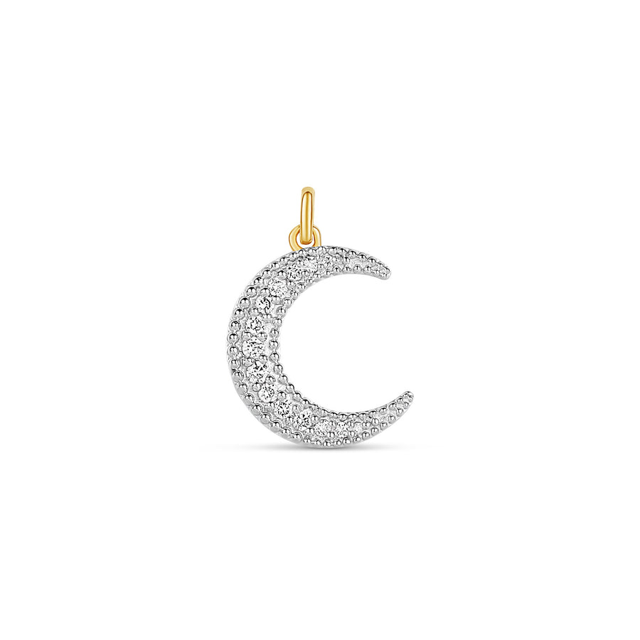 18-karat yellow gold crescent moon charm with pave-set diamonds, weighing 2.07 grams. A celestial-inspired accessory perfect for layering or wearing solo.