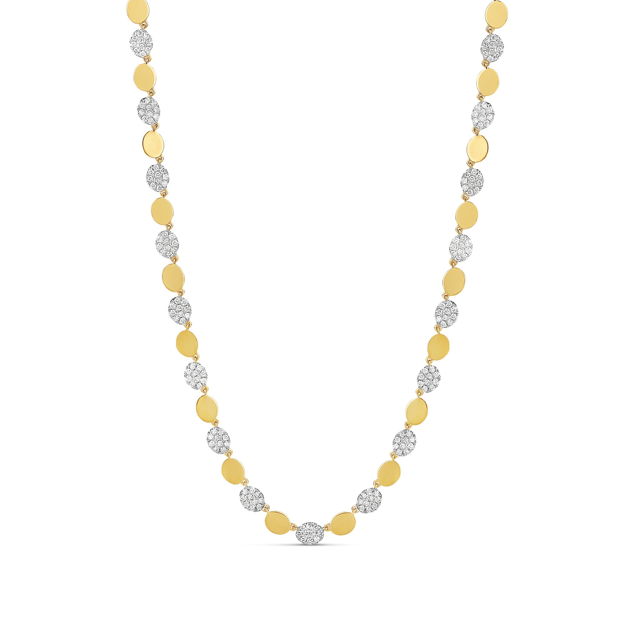 18-karat yellow gold Luna necklace with alternating polished gold discs and diamond clusters. A sophisticated and versatile design for timeless elegance.