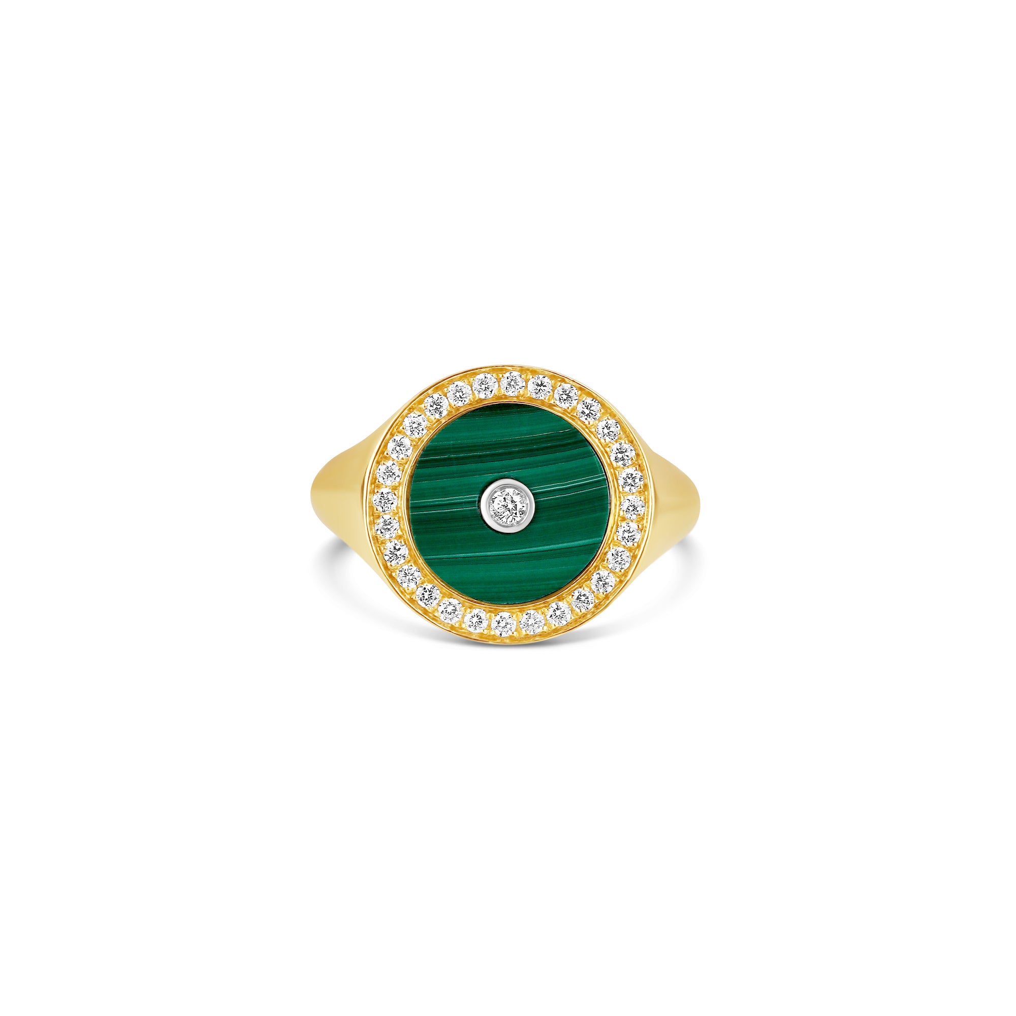 18-karat yellow gold pinky ring featuring a pave setting with a sparkling circle surface of diamonds and green malachite stone, designed to radiate elegance and modern sophistication.