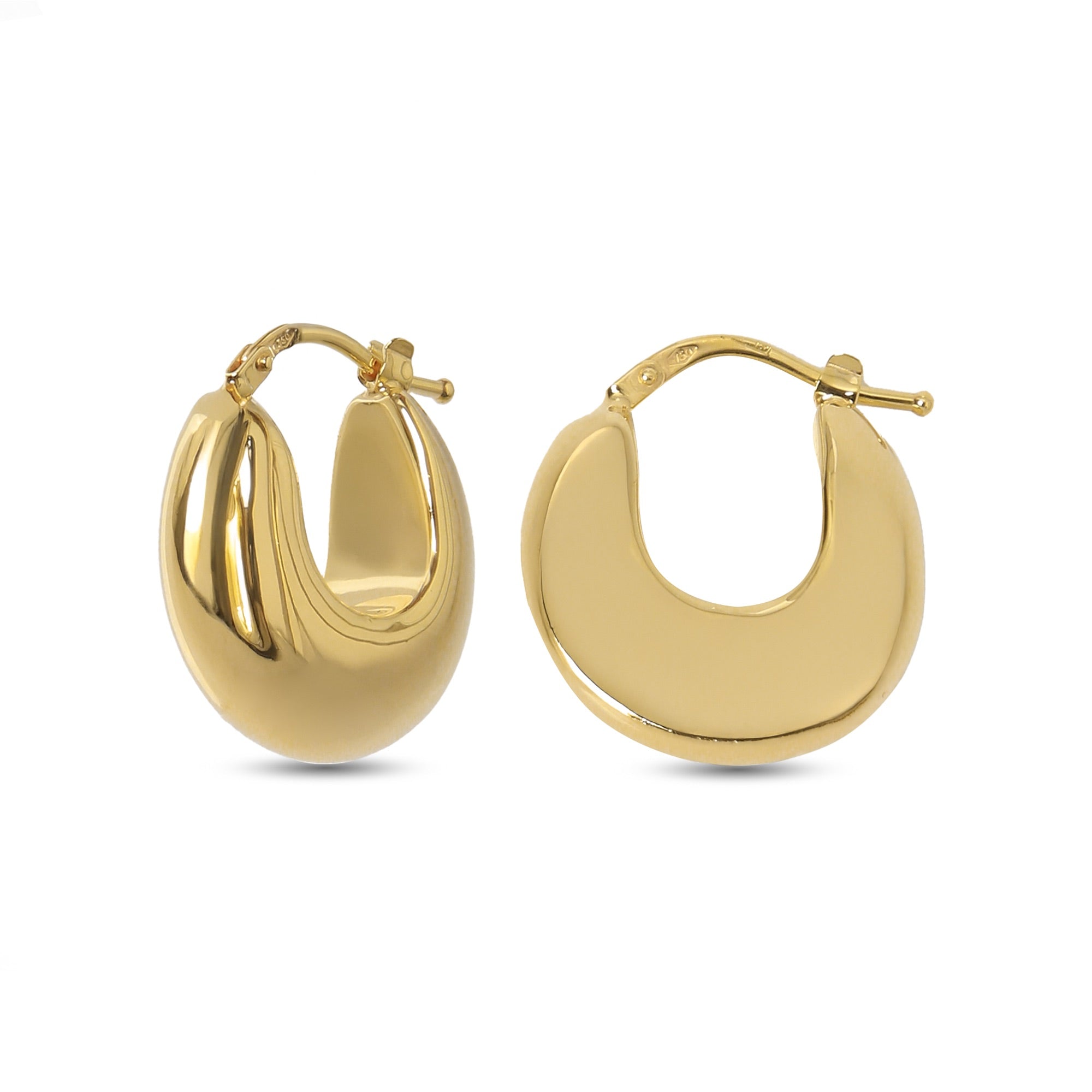 Chunky crescent-shaped Mia Gold Hoops in 18-karat yellow gold, 2.6 grams, offering bold and sophisticated style.