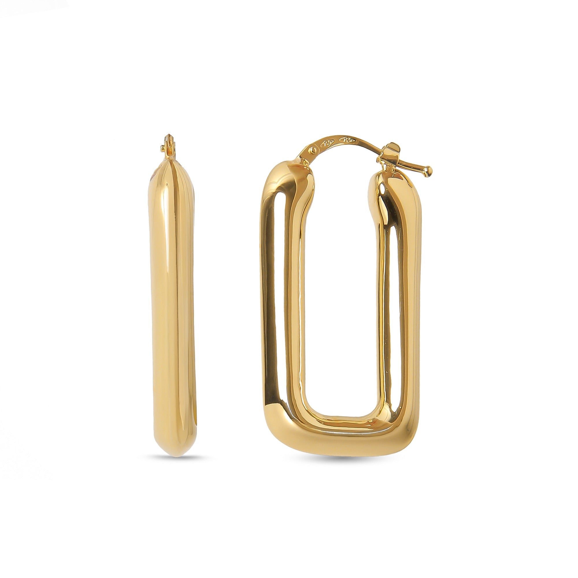 Mika Gold Hoops in 18-karat yellow gold, 3.6 grams, with a bold rectangular design and smooth polished finish.