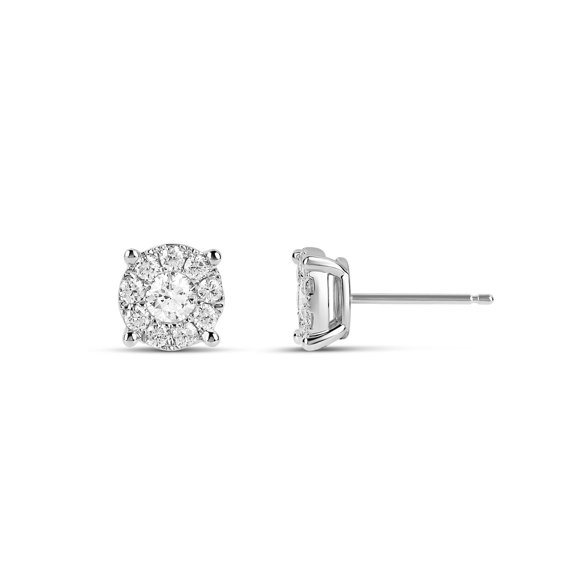 18-karat white gold mini brilliant-cut stud earrings featuring 0.84-carat diamonds in a halo design. Classic and timeless studs perfect for daily wear or special occasions.