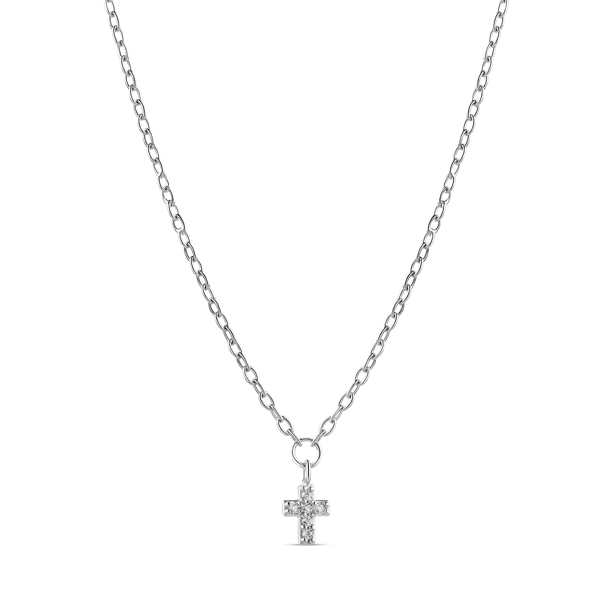 18-karat white gold mini cross necklace featuring cubic zirconia stones. A delicate and timeless design ideal for everyday wear or gifting.