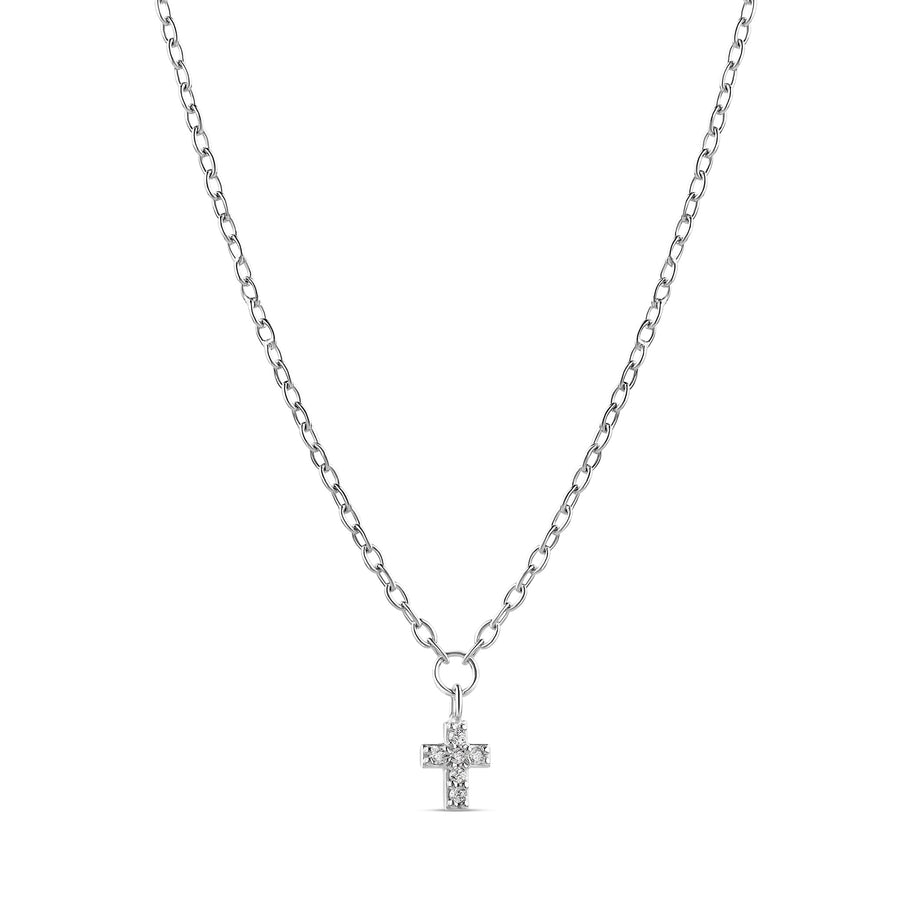 18-karat white gold mini cross necklace featuring cubic zirconia stones. A delicate and timeless design ideal for everyday wear or gifting.