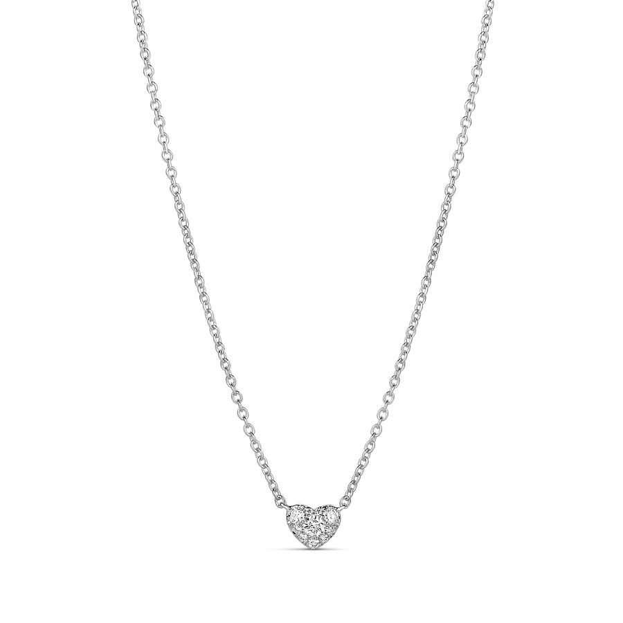 18-karat white gold heart diamond necklace with a pave-set pendant. 