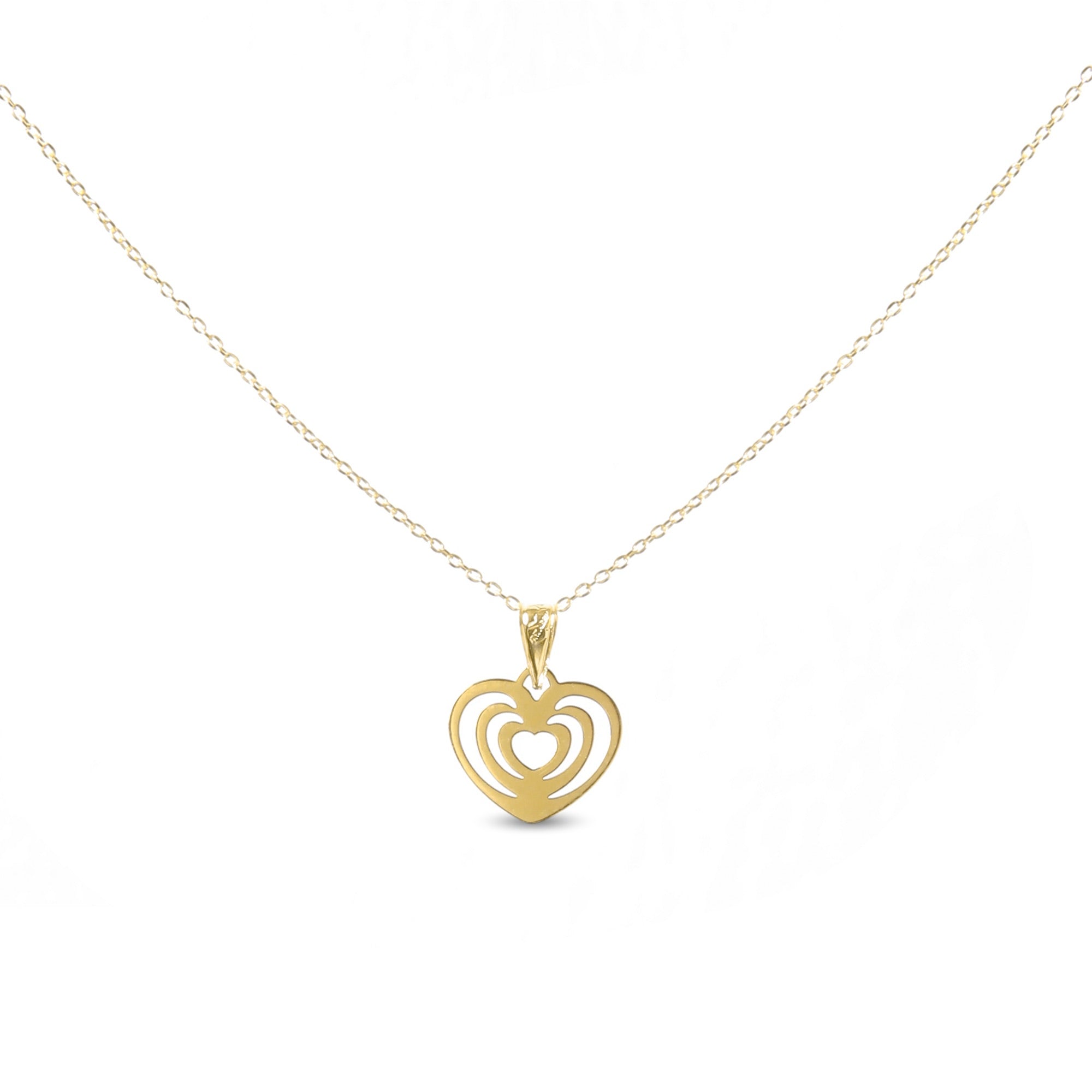 18-karat yellow gold mini heart necklace with a cut-out layered heart design, weighing 0.63 grams. A dainty and meaningful accessory for daily wear.