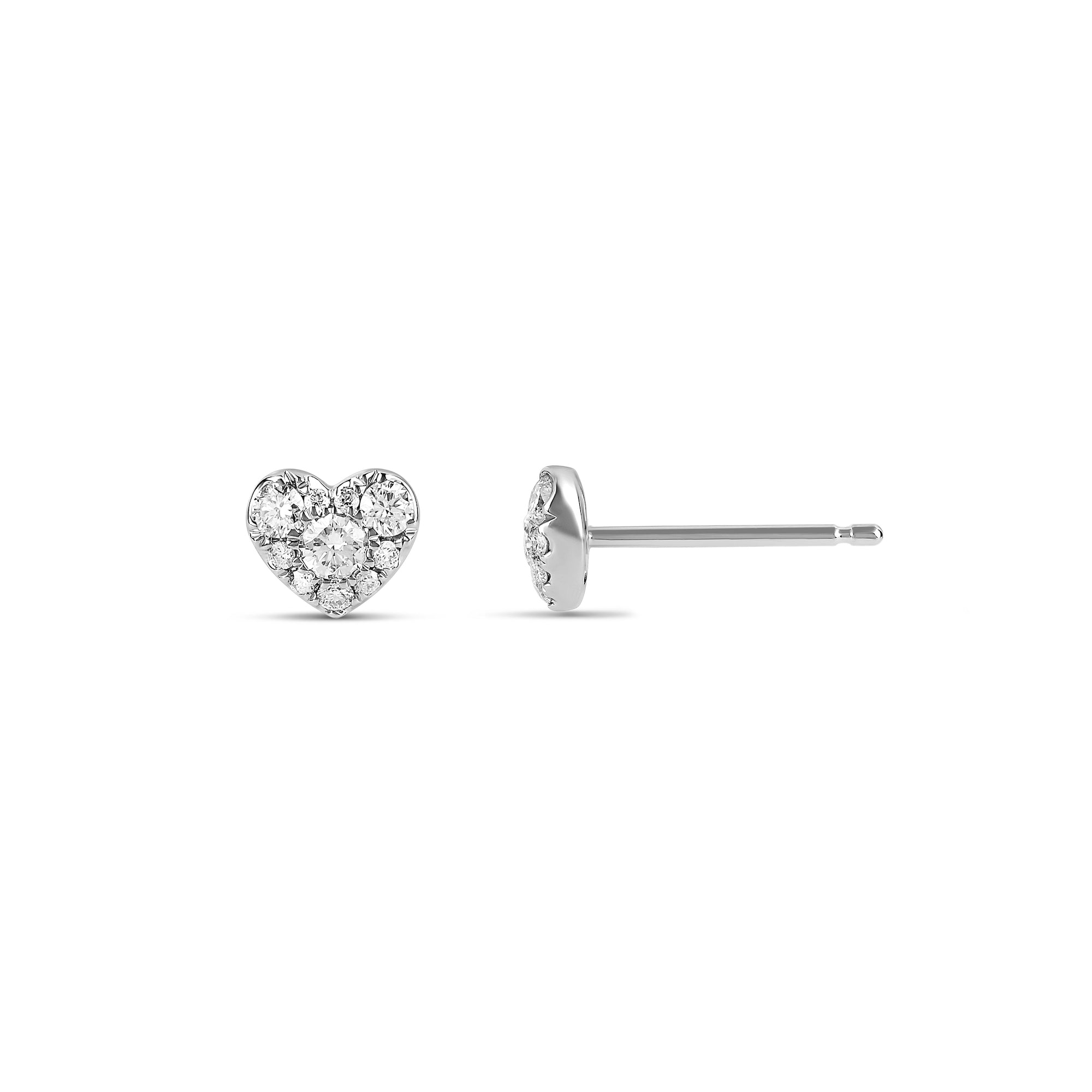 18-karat white gold mini heart stud earrings with 0.26-carat diamond clusters. A delicate and timeless design perfect for everyday elegance or as a romantic gift.