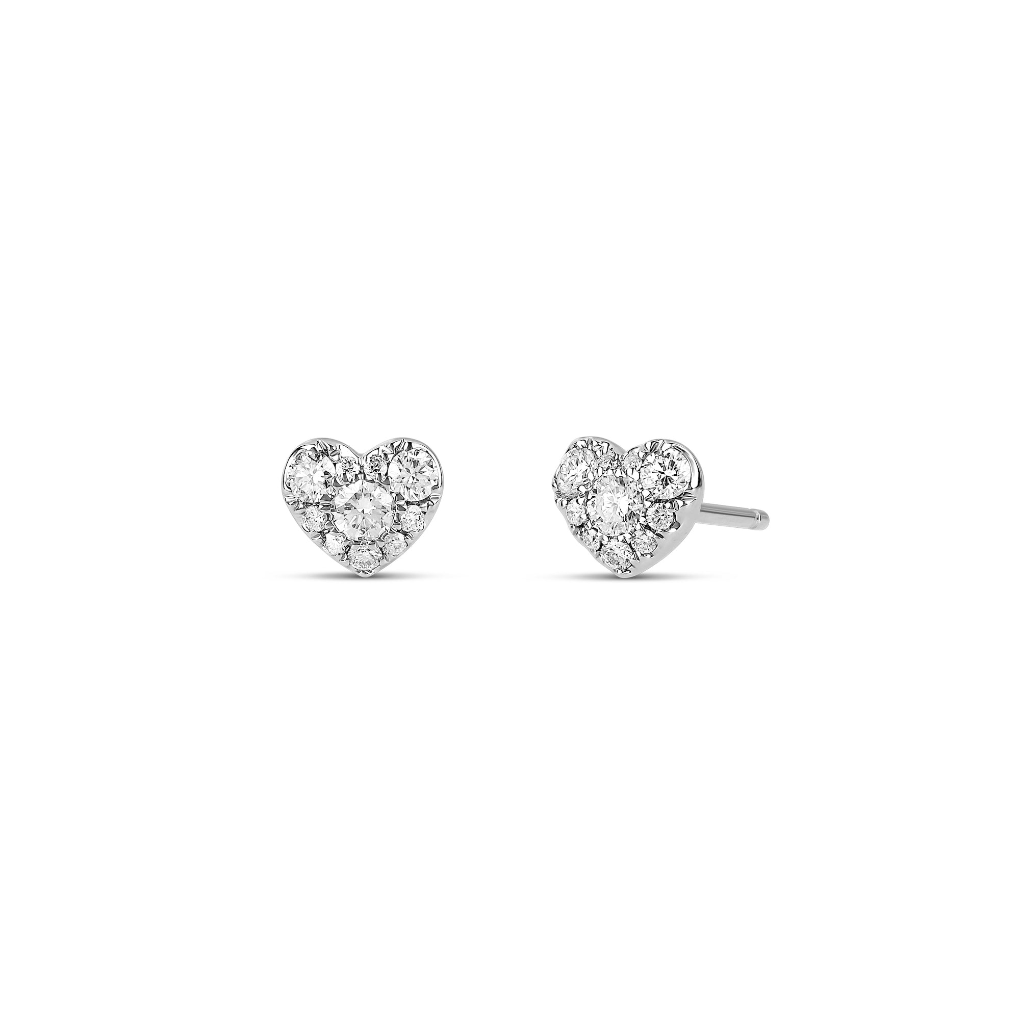 18-karat white gold mini heart stud earrings with 0.26-carat diamond clusters. A delicate and timeless design perfect for everyday elegance or as a romantic gift.