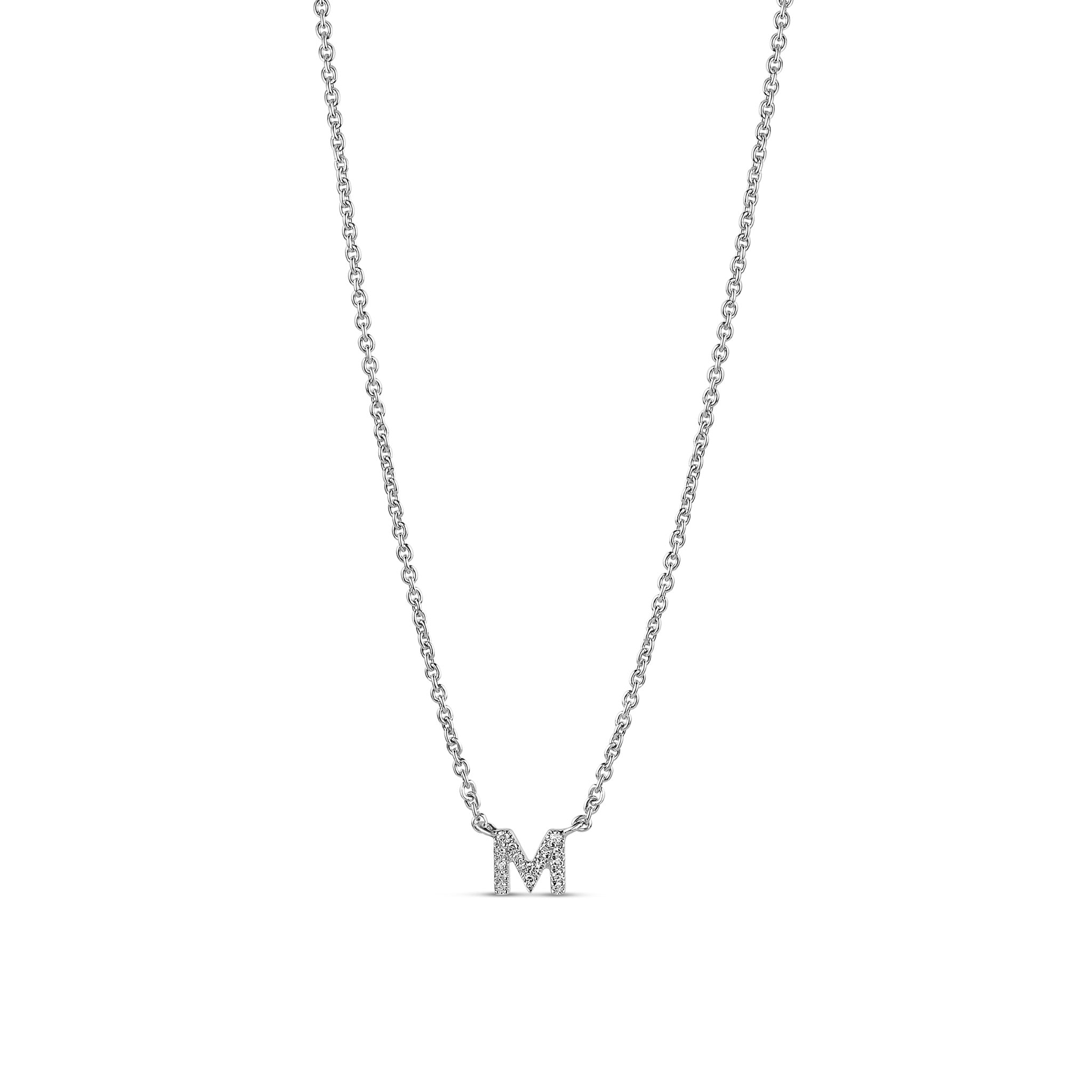 18-karat white gold necklace with a diamond-studded "M" pendant featuring 0.03 carats of diamonds, crafted with 2.21 grams of gold. A minimalist and elegant design for everyday wear.