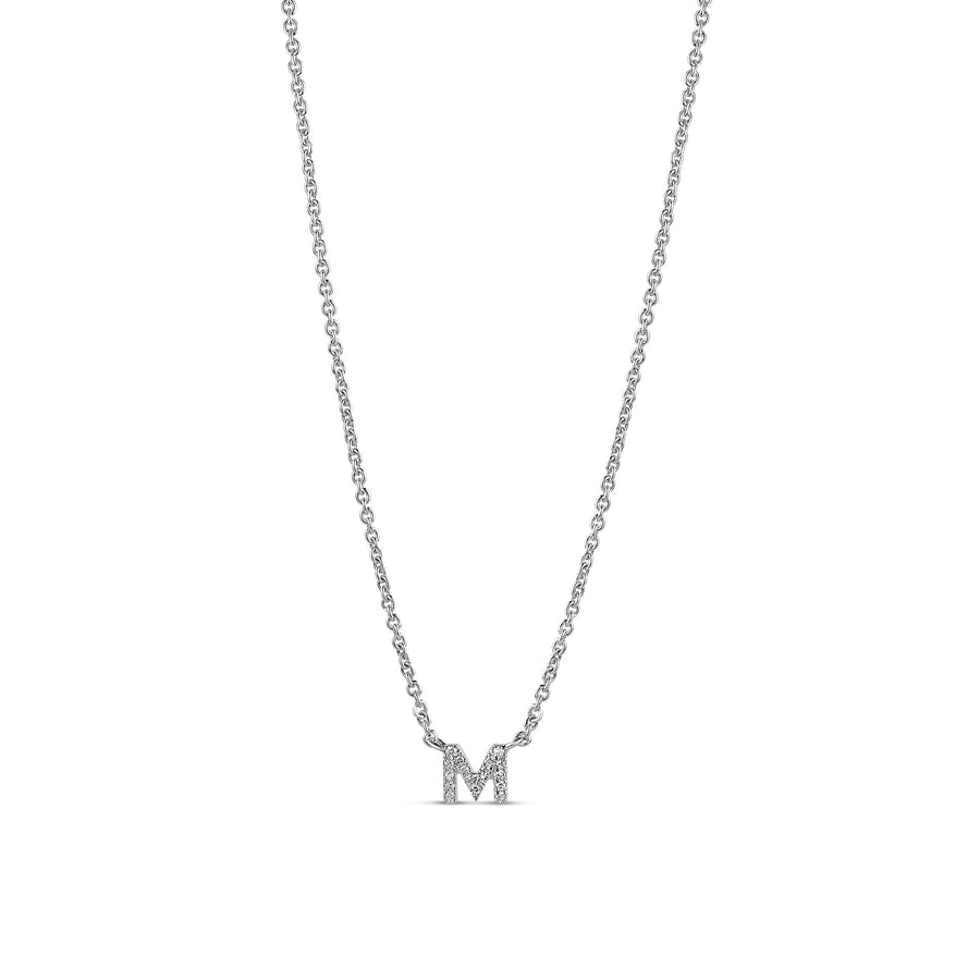 18-karat white gold necklace with a diamond-studded "M" pendant featuring 0.03 carats of diamonds, crafted with 2.21 grams of gold. A minimalist and elegant design for everyday wear.