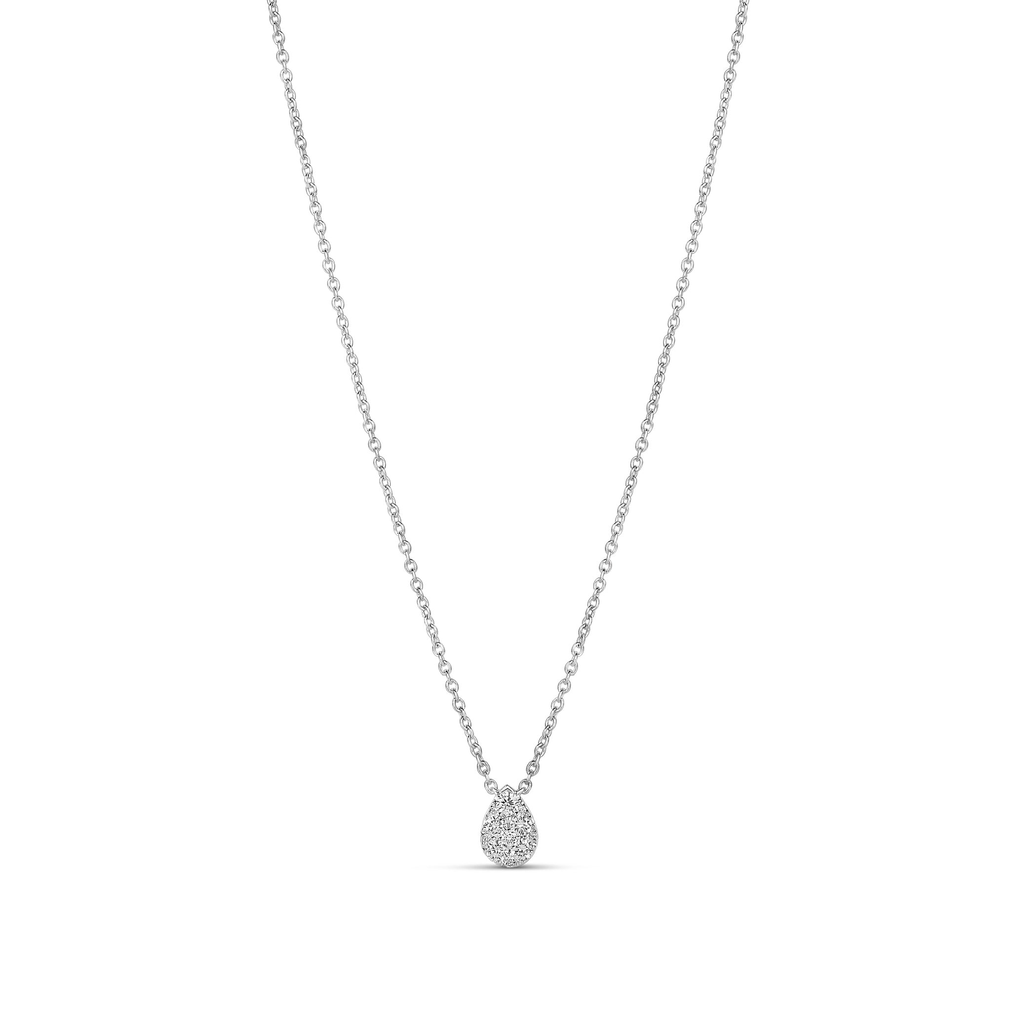 18-karat white gold teardrop diamond necklace with a pave-set pendant, available in three sizes. A versatile and timeless design for layering or standalone elegance.