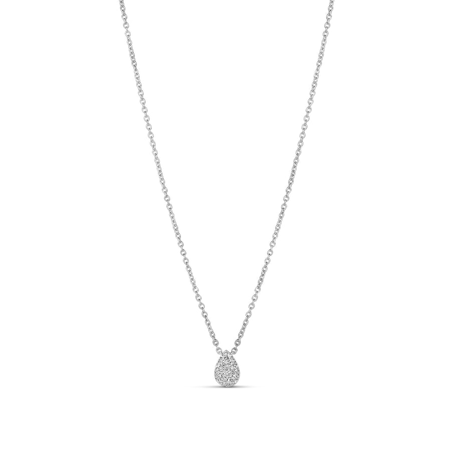 18-karat white gold teardrop diamond necklace with a pave-set pendant, available in three sizes. A versatile and timeless design for layering or standalone elegance.