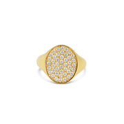 18-karat yellow gold pinky ring featuring a pave setting with a sparkling oval surface of diamonds, designed to radiate elegance and modern sophistication.