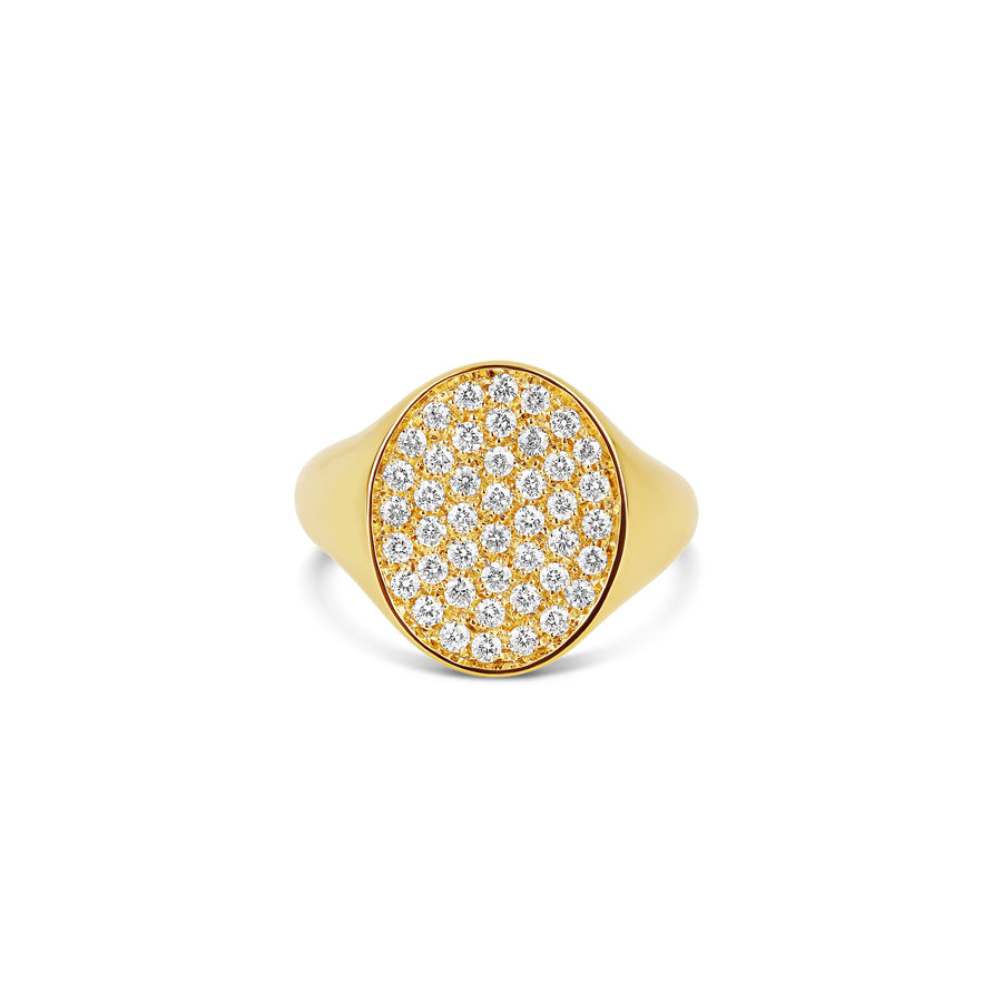 18-karat yellow gold pinky ring featuring a pave setting with a sparkling oval surface of diamonds, designed to radiate elegance and modern sophistication.