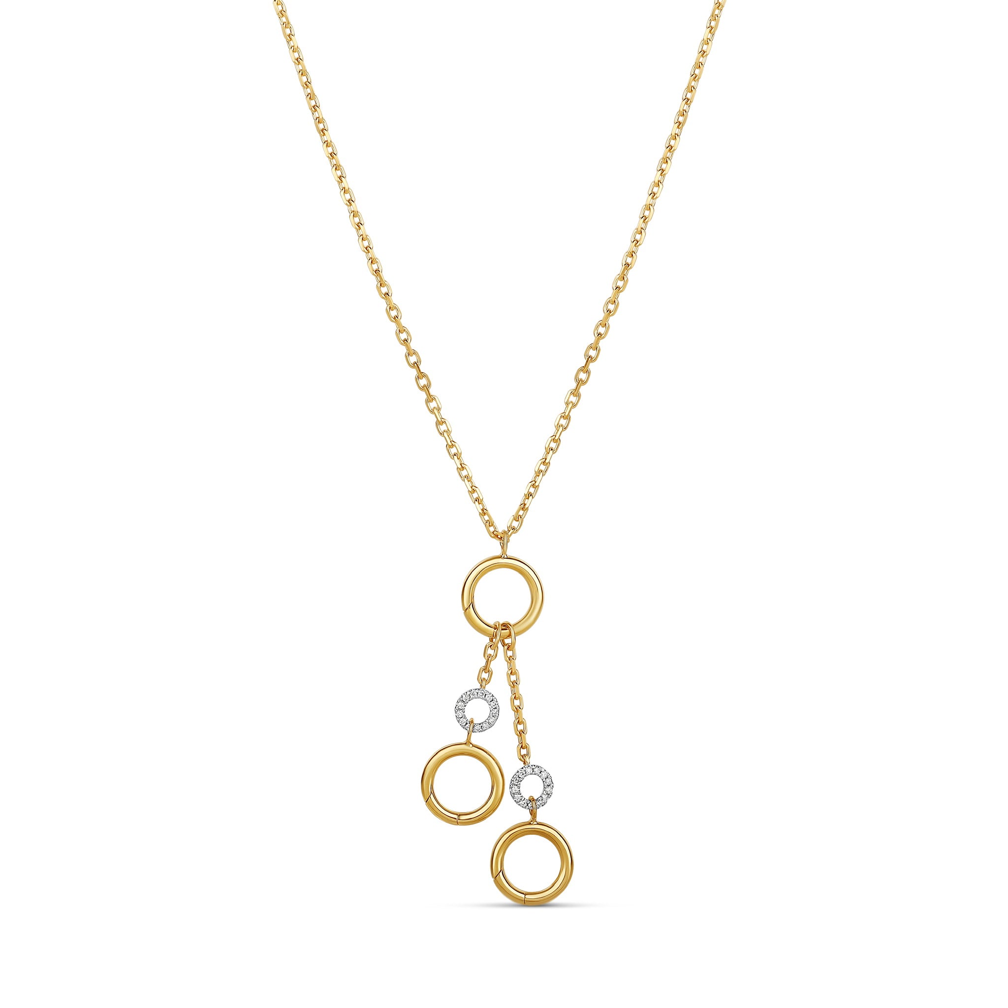 18-karat yellow gold charm necklace with cascading interlocking circles, including two pave diamond-adorned accents. A playful yet elegant design for versatile styling.