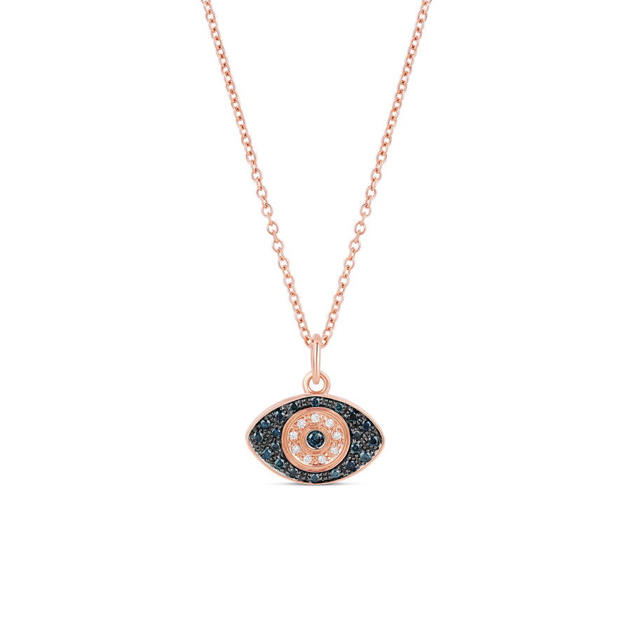 18-karat rose gold evil eye pendant necklace with 0.19-carat black diamond pavé and a 0.03-carat central diamond, designed with 1.80 grams of gold for a stylish and meaningful look.