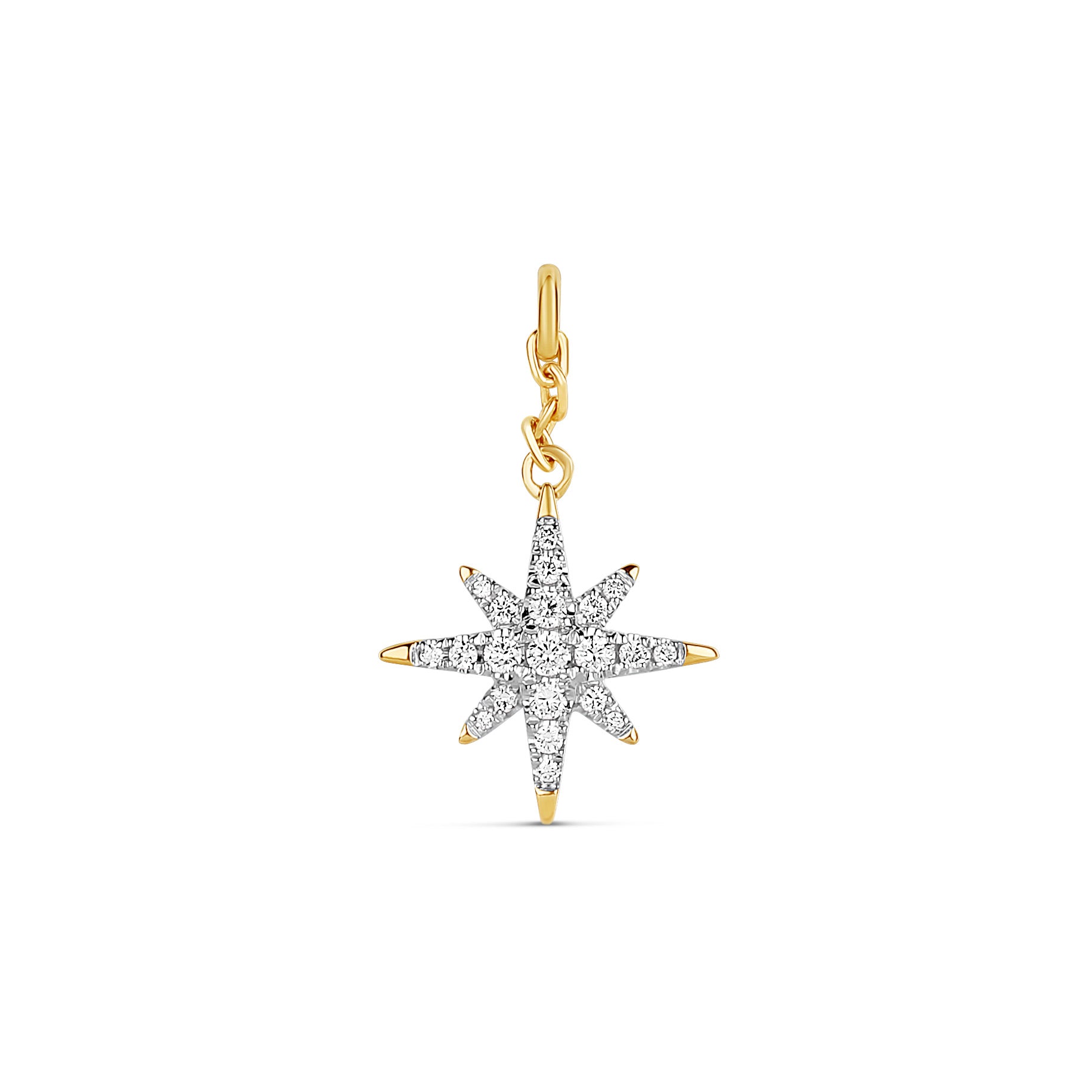 18-karat yellow gold star charm with pave-set diamonds, weighing 1.42 grams. A celestial-inspired design perfect for adding sparkle to necklaces or bracelets.