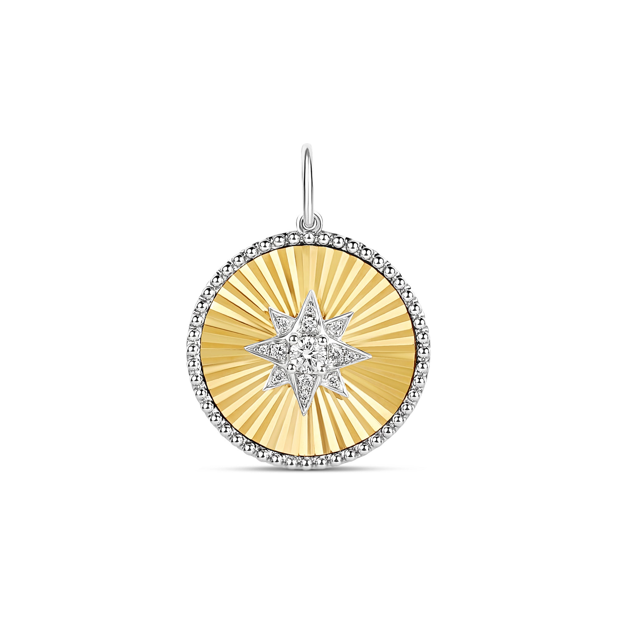 18-karat yellow gold Supernova charm with a sunburst motif, diamond-studded star centerpiece, and diamond halo. Weighing 5.94 grams, it exudes celestial elegance.