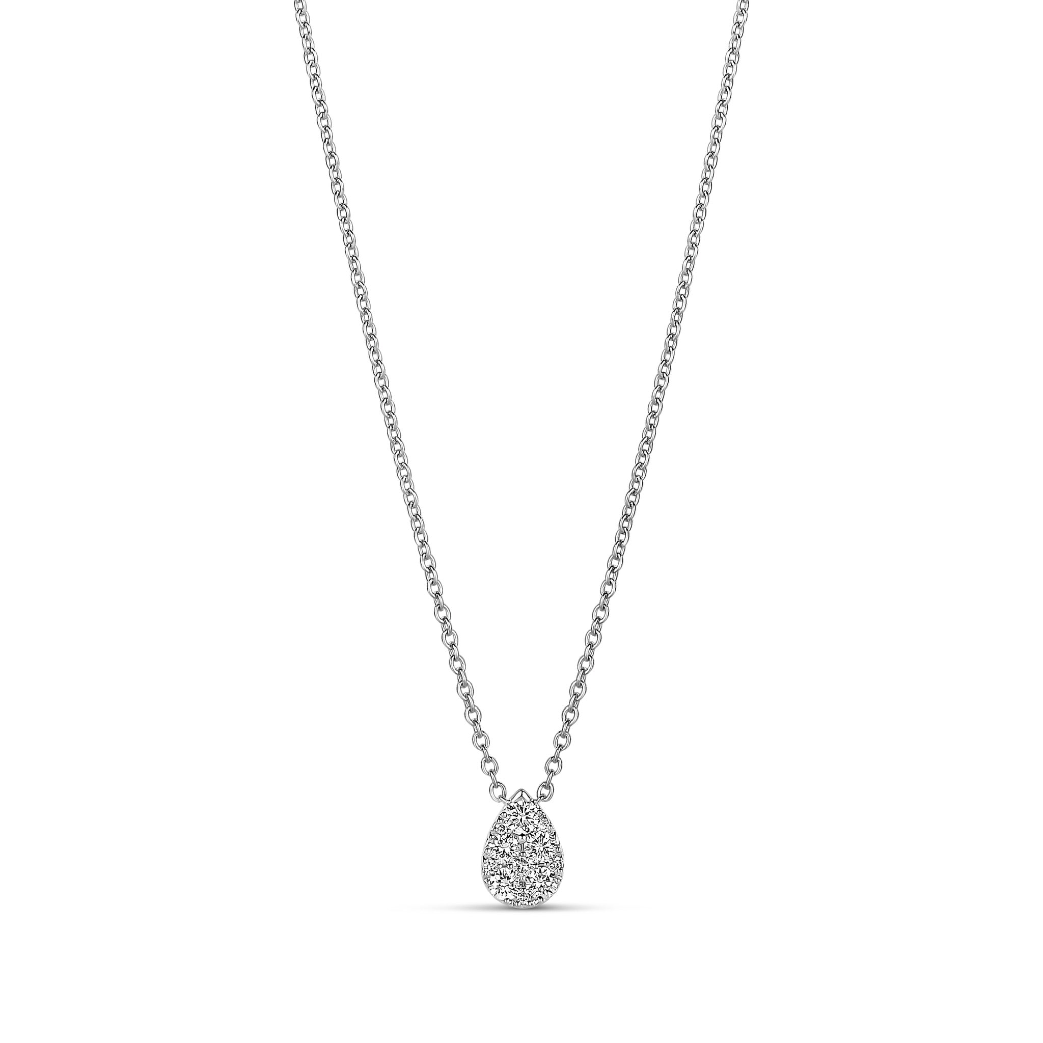 18-karat white gold teardrop diamond necklace with a pave-set pendant, available in three sizes. A versatile and timeless design for layering or standalone elegance.