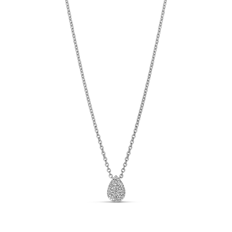 18-karat white gold teardrop diamond necklace with a pave-set pendant, available in three sizes. A versatile and timeless design for layering or standalone elegance.