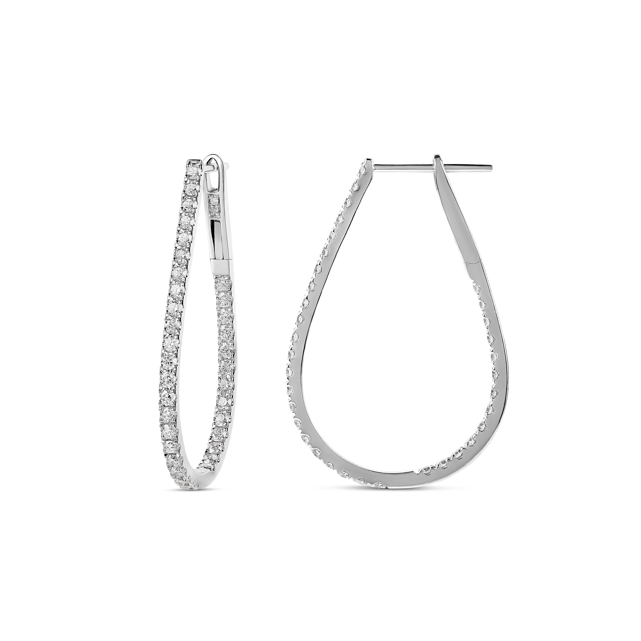 18-karat white gold teardrop hoop earrings featuring 1.02 carats of diamonds, crafted with 4.68 grams of gold. A sleek and elegant design for a sophisticated look.