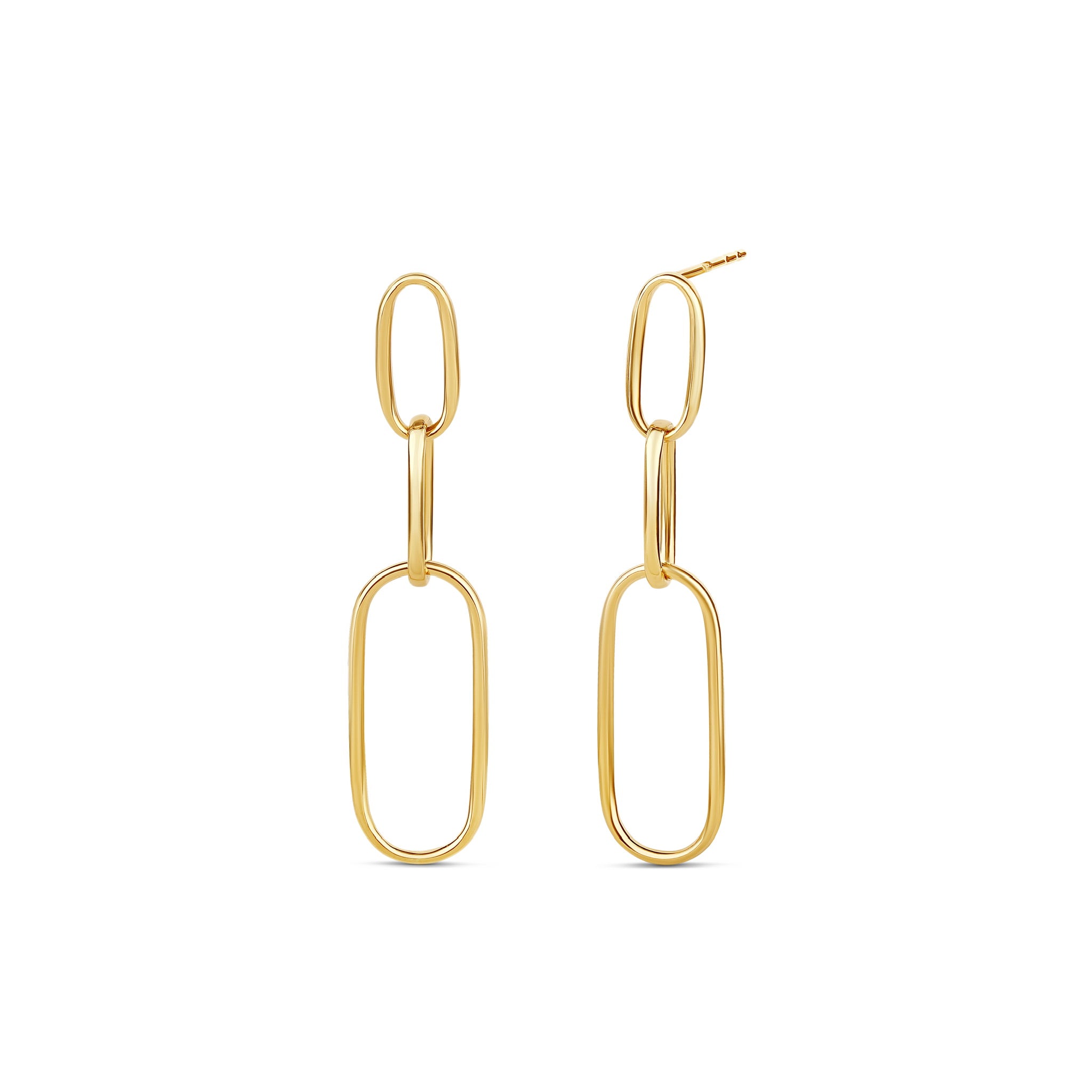 18-karat yellow gold chain-link earrings with elongated links, weighing 1.90 grams. A modern and lightweight design for versatile styling.