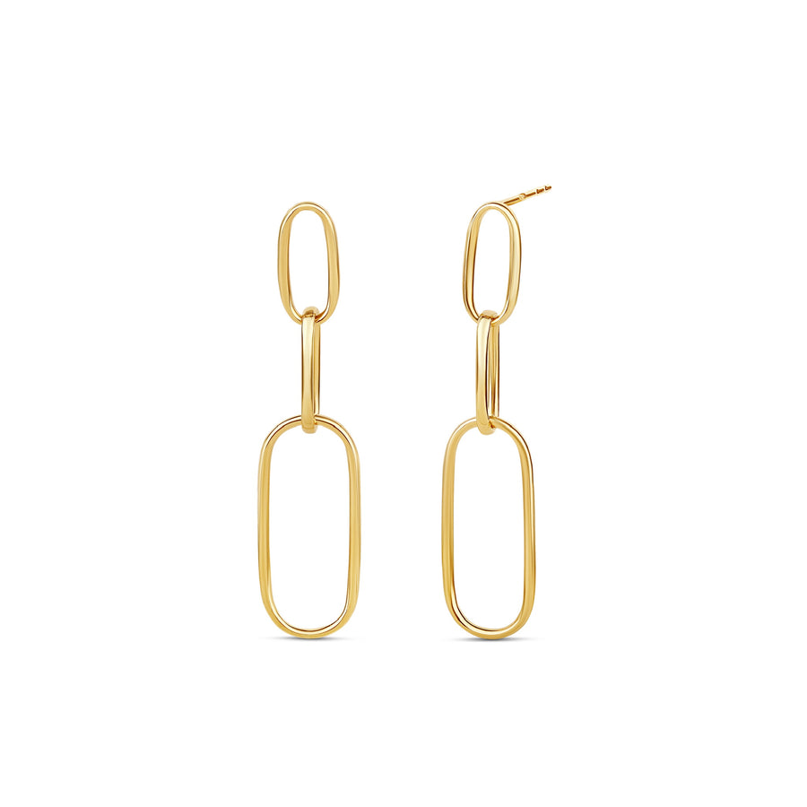 18-karat yellow gold chain-link earrings with elongated links, weighing 1.90 grams. A modern and lightweight design for versatile styling.