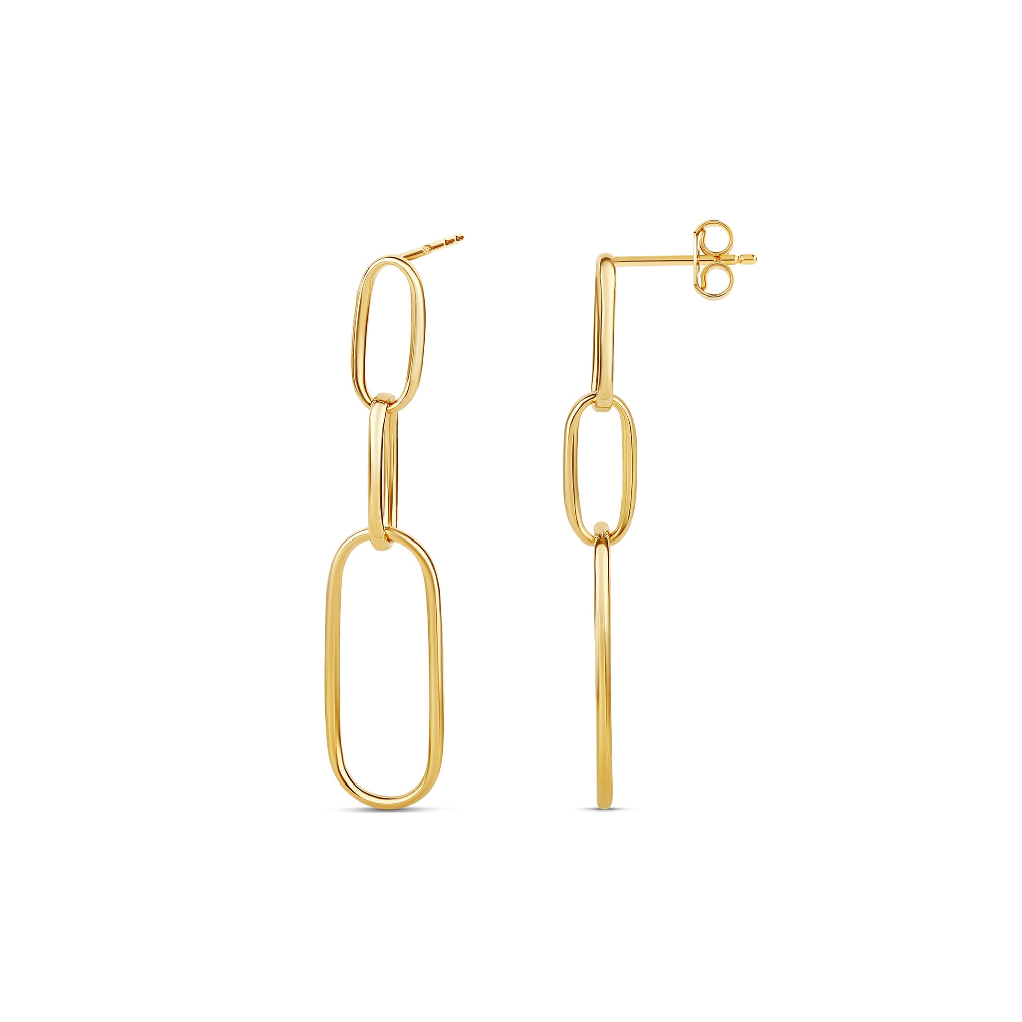 18-karat yellow gold chain-link earrings with elongated links, weighing 1.90 grams. A modern and lightweight design for versatile styling.