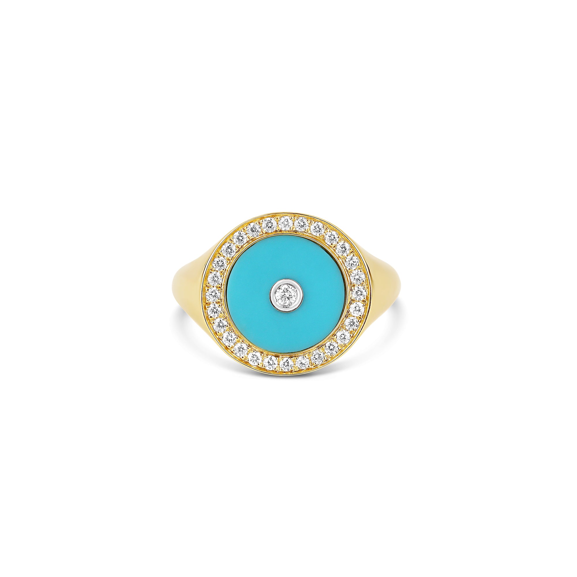 18-karat yellow gold pinky ring with a turquoise centerpiece, encircled by a halo of pave-set diamonds and a central diamond accent. A bold yet elegant design, perfect for adding color and luxury to any outfit.